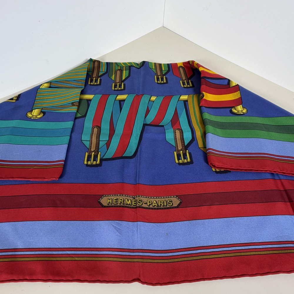 Hermes Paris "Les Sangles" Striped Belt Buckle 35" Silk Square Scarf